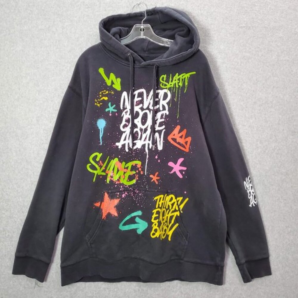 Never Broke Again Men Sweatshirt XL Black Hoodie‎ 38 Slate Graffiti Graphic READ